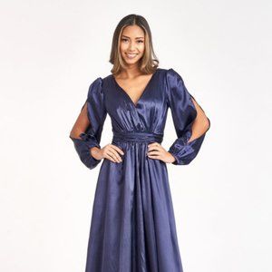 NEW LONG DRESS WITH SLOTTED SLEEVES NAVY SATIN A-LINE WITH ZIPPER BACK GL1990